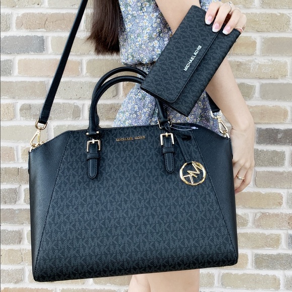 NWT Michael Kors Large Satchel Black Wallet SET - Picture 2 of 7